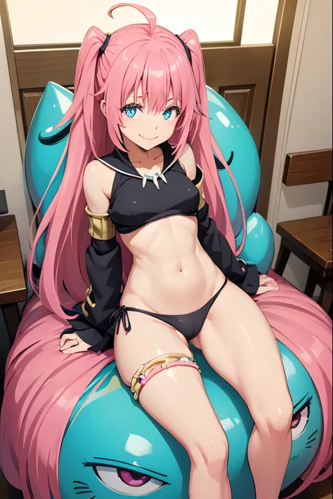 1Female、When I was reincarnated, I was a slime character（child）、masterpiece、superior quality、precise、animesque、child Demon King、Aimei、beautiful blue eyes and detailed、Pink hair、two-tailed、Proud double tails, very short black bikini 、Average breasts、True to...