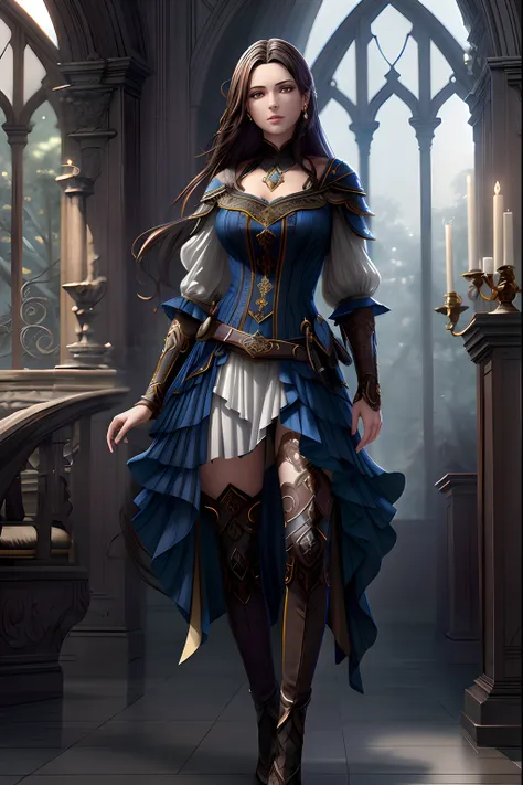 masterpiece, best quality, 1woman adult, female focus, solo, dark black hair, vibrant brown eyes, long hair, looking at viewer, closed mouth, Fantasy aesthetics, fantasy earring, Highly detailed, shadowverse style, dark forest background, in the dark fores...