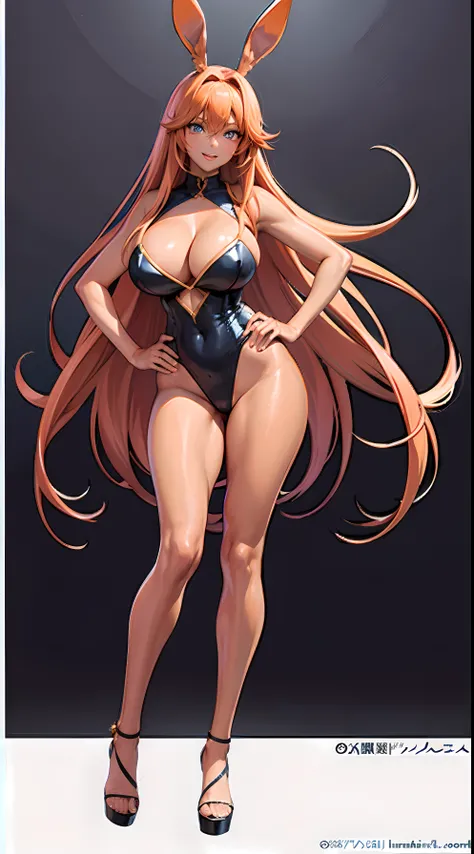 Prompt: (masterpiece), best quality, expressive eyes, perfect face,  breasts, long crimson colored hair, blue eyes, 1girl, tan skin, large_breasts,  cleavage, looking_at_viewer, full_thighs,  bare_legs, high_heel_shoes, anime_shine, orange_bunnysuit, entir...