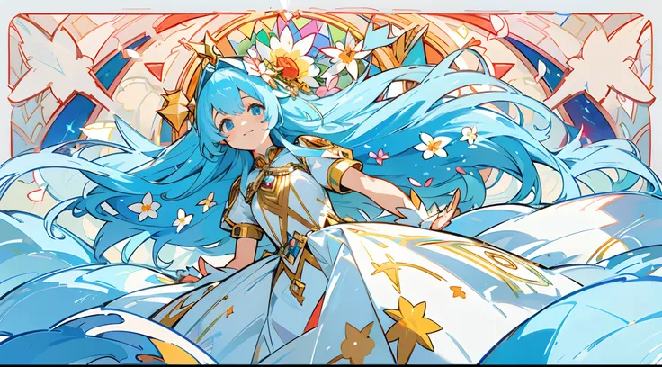 (The skin is not exposed, Cute idol costumes), (Solo), Very cute girl (1), Large stained glass on background、Lots of colorful flowers scattered, sunlight shining through, ((Shiny blue super long hair,  SHINES、Hair collection )), (Super smile、Red cheeks), D...