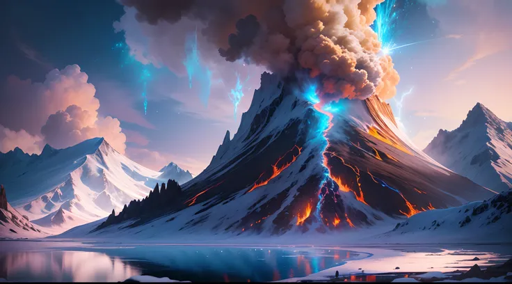 Best quality, Ultra-detailed, A high resolution, Masterpiece:1.2, hdr, hyper HD, Studio lighting, Extreme detail description, Vivid colors, Bokeh, Realistic, Photorealistic:1.37, Surreal, Icy reflections, (Huge volcanic eruptions),magma, Glowing embers, vi...