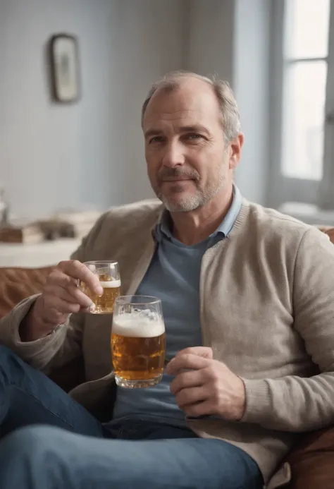 Masterpice Photorealistic middle aged man on sofa, Holding Beer, Perfect Full Body, Perfect Face, HD, distance frame