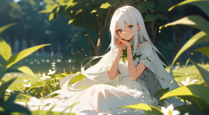 (masterpiece, best quality),1girl with long white hair sitting in a field of green plants and flowers, her hand under her chin, warm lighting, white dress, blurry foreground