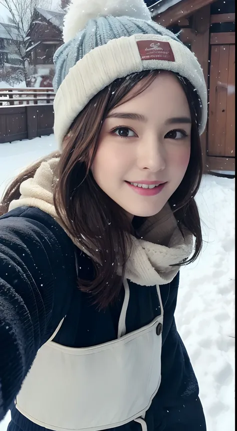 (A hyper-realistic), (hight resolution), (8K), (ighly detailed),  (beatiful detailed eyes), (top-quality), (ultra-detailliert), (​masterpiece), (A detailed face), selfee、faces、softfocus、face of emma watson、Colossal tits、japanes、snowscape、Im wearing Showa-e...