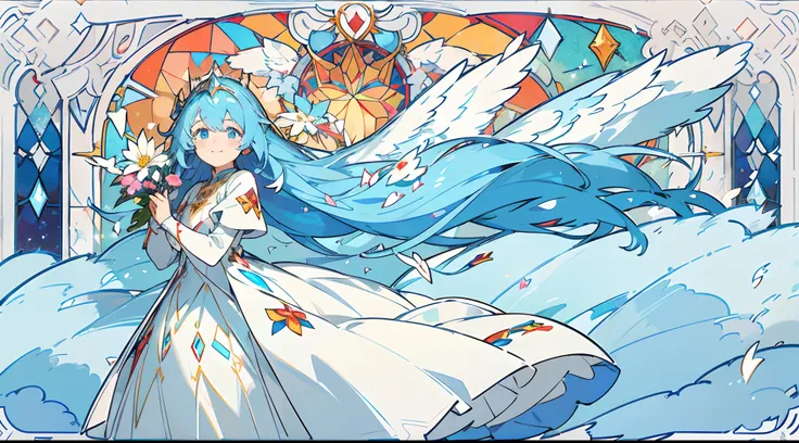 (The skin is not exposed, Magical Girl Dress), (Solo), Very cute girl (1), Stained glass and colorful flowers on background, sunlight shining through, ((Shiny blue super long hair,  Shines )), (Super smile、Red cheeks、Very close to the face), Dynamism, (Blu...