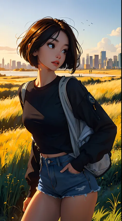 (beautiful and magnificent skyline, majestic sky), (extremely tense and dramatic pictures, moving visual effects), (high hanging Polaris, colorful natural light), (1girl), (long-sleeved top, denim shorts, carrying a backpack), (dynamic pose:1.3, black eyes...