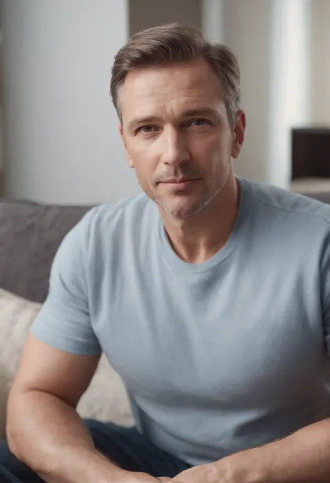 American man, middle aged Photorealistic Masterpice on sofa, wearing t-shirt, Perfect Full Body, Perfect Face, HD, distance frame