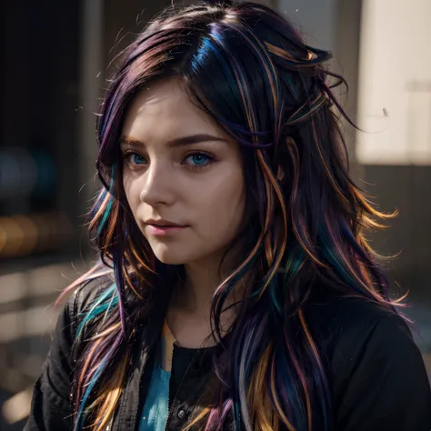 {{masterpiece}}, best quality, extremely detailed CG unity 8k wallpaper, cinematic lighting, lens flare, beautiful detail eyes, black,  side glance,  multicolor hair, colorful light, particles, heterochromia, (colorful:1.5), (colorful hair:1.5),