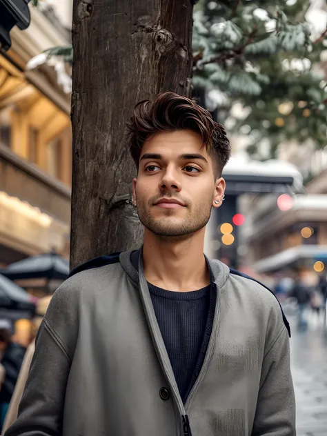 photo of a young man, jacket, ear studs, gray scarf, sweater, short windswept light brown hair, fit, beautiful, (effeminate), (shaved), eyeliner, standing on the walkway, background is a crowded street, bokeh, rain, humid, overcast, artificial lights, deta...