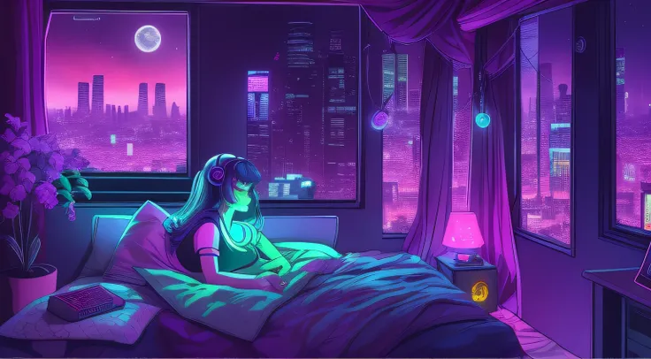 Lopi-style night scenery, Girl character lying in bed listening to music, Dark Gamer Room, neons, Pellets in lilac and turquoise, There is a window from which you can see the cyberpunk city with the moon in the background