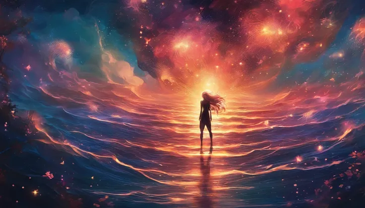 CG，Anime comic style，Surrounded by dark seawater，Sparkling，There is a shimmer at the top，The silhouette of a blurred person is in the middle of the picture，wide angles，The human form is constantly falling