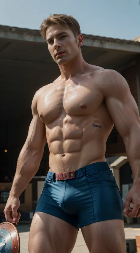 captain America, steve rogers, heroic, patriotic, muscular build, blue eyes, blond hair, hunk sunlight casting a golden glow, vibrant colors, realistic details, high-resolution image, capturing every wrinkle, every strand of hair, every fiber of the costum...