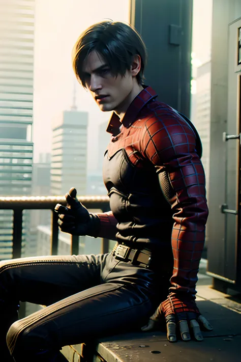 1 boy, cowboy, shot by re4leon, Leon S. Kennedy from the movie "Resident Evil 4",spider-man costume, side view, straightens his hair with his hand,sits on the edge of the building,hair curtain, sports car