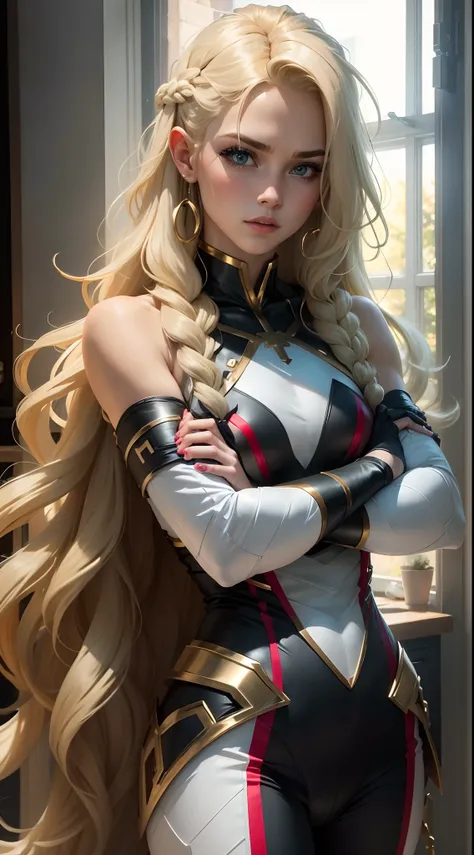 A Woman Wearing Homelander The Boys Cosplay Long Blonde Hair Cross Arms