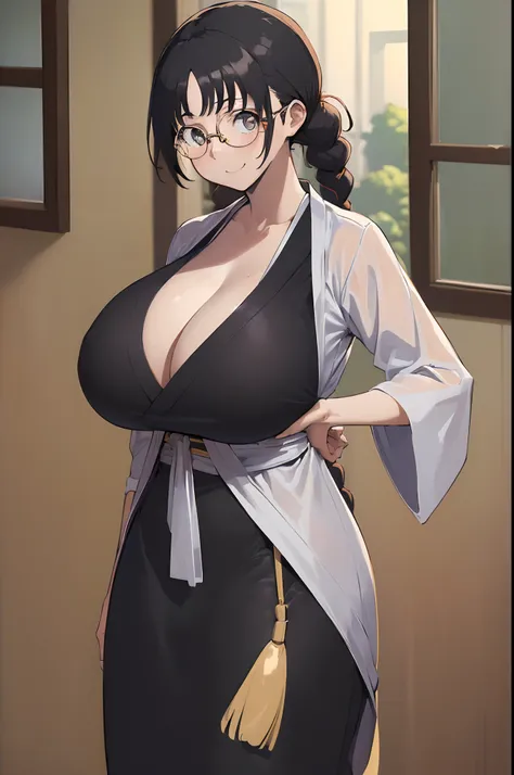 ((masterpiece:1.4, best qualtiy:1.4, high resolution:1.4)), katori, cleavage，1girll, solo, black hair, glasses, single braid, hu...