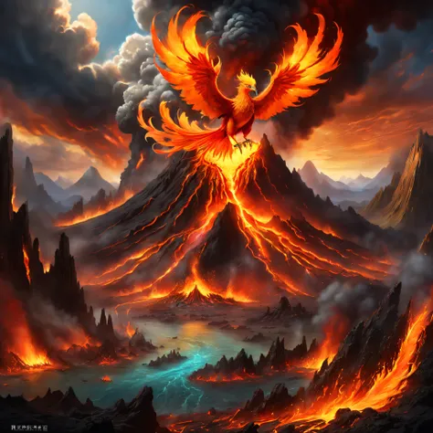 Doomsday landscape，Huge volcanic eruptions，Flame sputtering，molten lava，erupting，The phoenix emerged from the smoke，Liquid lava，hydrosphere，Colorful phoenix，（illustratio：1.0）、Epic composition、Realistic lighting、high definition detail、tmasterpiece、Best qual...