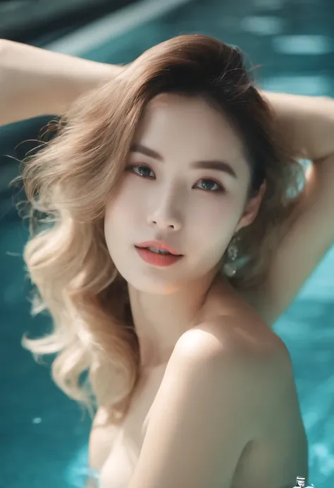 J woman lying in indoor swimming pool、Wearing a high neck bikini with animal print、Cute and attractive woman、Beautiful woman about 20 years old、stunningly beautiful woman、Mature、Hair is shiny and brownish、Hair about waist length、Mature hairstyles、Each hair...