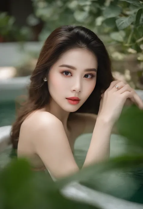 J woman lying in indoor swimming pool、Wearing a high neck bikini with animal print、Cute and attractive woman、Beautiful woman about 20 years old、stunningly beautiful woman、Mature、Hair is shiny and brownish、Hair about waist length、Mature hairstyles、Each hair...