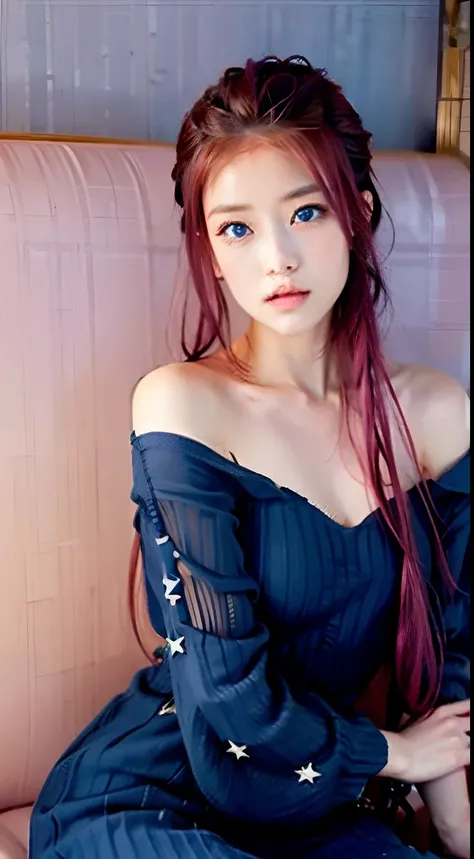 blue eyes girl, Strawberry-pink hair with purple tips, sitting, Dressed in a star-studded dress, Star background