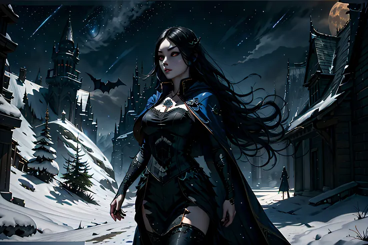 a picture of an exquisite beautiful female vampire standing under the starry night sky on the porch of her castle, dynamic angle (ultra detailed, Masterpiece, best quality), ultra detailed face (ultra detailed, Masterpiece, best quality), ultra feminine, (...