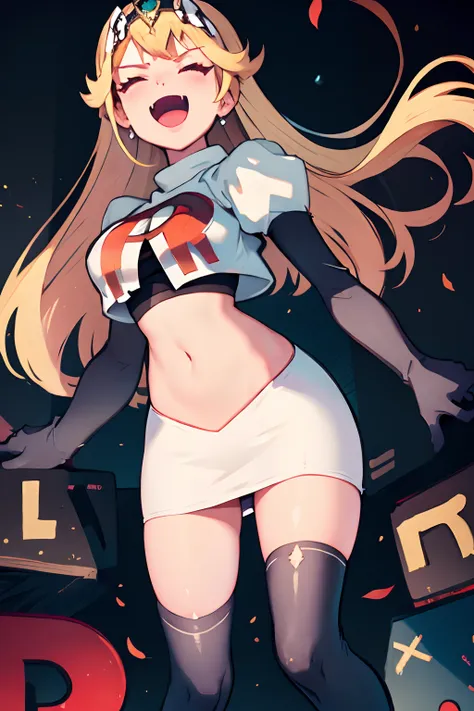 mythra,team rocket,team rocket uniform, red letter r, white skirt,white crop top,black thigh-highs,black elbow gloves, evil laug...