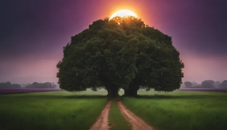 a purple path in the middle of a green field, ((giant sun)),an ultrafine detailed painting by Daren Bader, shutterstock contest winner, neo-romanticism, soft mist, made of mist, deviantart,Fujifilm XT3,by Steve McCurry, by Alessio Albi, by Lee Jeffries, by...