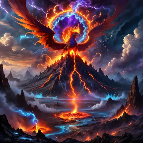 doomsday landscape，a volcano erupts，flame sputtering，blasts，molten lava，the phoenix emerged from the smoke，liquid lava，colorful ...