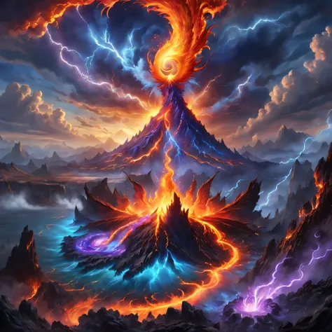 Doomsday landscape，a volcano erupts，Flame sputtering，blasts，molten lava，The phoenix emerged from the smoke，Liquid lava，Colorful phoenix，Paired with purple and blue, fantasy highly detailed, With gorgeous magic lightning rings, magia, beautiful detailed fan...