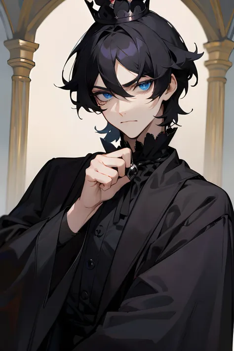 background is in a castle, man, he is a king with a crown, black crown, short black hair, blue eyes, gothic clothes, black clothes, handsome, mature, stoic, in love,