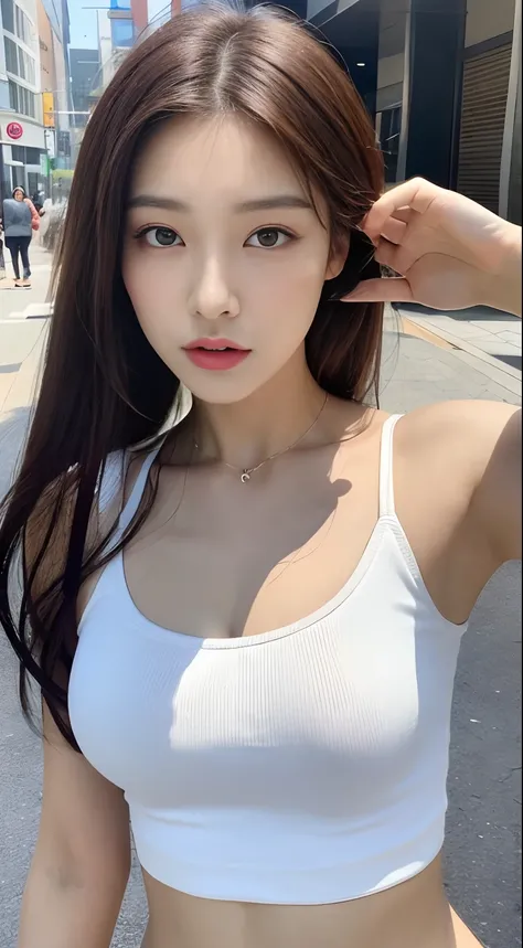 ((Realistic lighting, Best quality, 8K, Masterpiece: 1.3)), Clear focus: 1.2, 1girl, Perfect beauty: 1.4, Big breasts: 1.2, Slim abs: 1.1, ((dark brown hair)), (White crop top: 1.4), (Outdoor, night: 1.1), City streets, Super fine face, fine eyes, Double e...