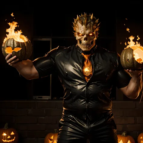 Ghost rider , muscled with huge pecs , hugge torso , huge arms , with a pumpkin on his head like halloween with fire , in suit with a tie ans spikes