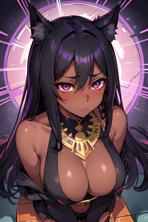 Anime style portrait of a sexy, African babe, with jet-black hair, purple eyes, dark skin, black cat ears, 1 tail, perfect composition, hyper-detailed, 8k, high quality, perfect eyes, trending art, trend on ArtStation, sharp focus, Studio shot, intricate d...