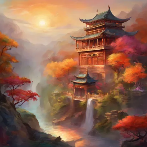 mythological creatures，fenghuang，Traditional Chinese elements，Ancient murals，Illustrative myths，Fuyao Legend，Dappled light，Hazy haze，mystical aura，tmasterpiece，k hd，Rich in color，Detailed details，Seven colors