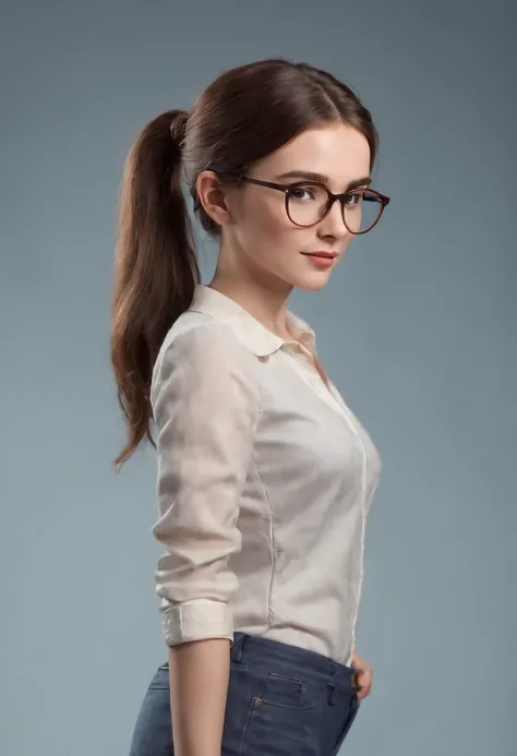 cartoon style girl full body ,brown hair with pony tail , wearing glasses, different angles, character sheet, 3d model, 4 position, side left, side right,side back,side front, social clothing, clothing black.