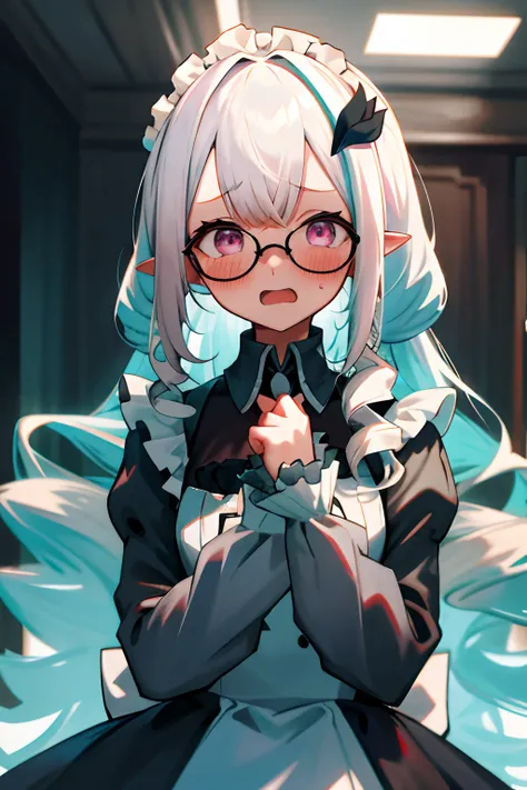 One girl with long drills hair, white hair, looking at viewer, embarrassed, blushing, tears, indoor, open mouth, maid dress, black maid dress, puff long sleeves, pointy ears, upper body, hair ornament, glasses