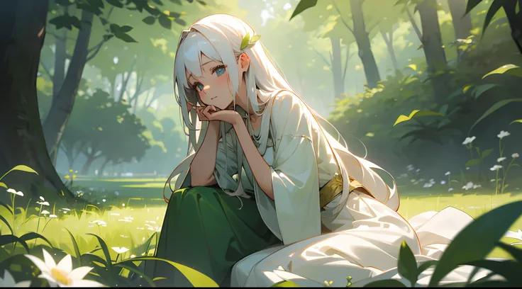 (most detailed masterpiece:1.2), 1 girl with long flowing white hair sitting in a field of lush green plants and vibrant flowers. Her hand rests gently under her chin. The warm sunlight filters through the leaves, casting a soft glow on her face. She is we...