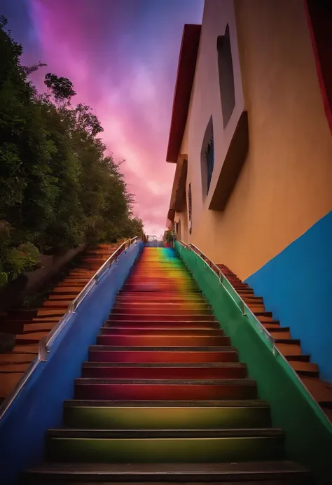 Close-up of the stairs leading to the rainbow sky, stairway to heaven, A very colorful heaven, stairs from hell to heaven, Leading to the Sky, Rainbow clouds, Colors of Heaven, Rainbow Trail, Colorful sky, Rainbow clouds, Heaven!!!!!!!!, rainbow, Rainbow c...