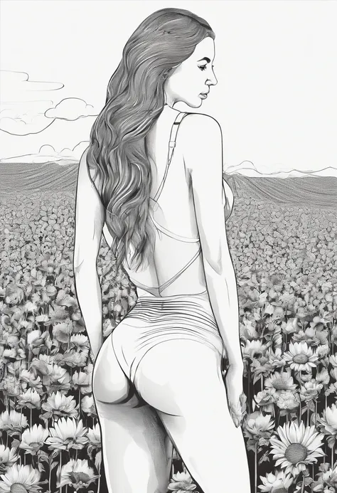 1 girl， ((raised huge round buttocks)), Wide  A sunflower field in full bloom，Back view of a woman in Translucent white thong (underwear),long shot,wide view, commercial photography，award-winning photograph，(photorealistic),unity 8k wallpaper,(ultra detail...