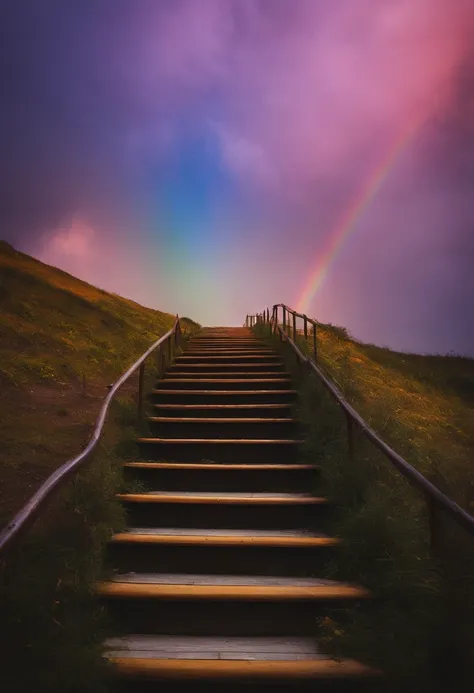 Close-up of the stairs leading to the rainbow sky, stairway to heaven, A very colorful heaven, stairs from hell to heaven, Leading to the Sky, Rainbow clouds, Colors of Heaven, Rainbow Trail, Colorful sky, Rainbow clouds, Heaven!!!!!!!!, rainbow, Rainbow c...