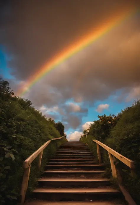 Close-up of the stairs leading to the rainbow sky, stairway to heaven, A very colorful heaven, stairs from hell to heaven, Leading to the Sky, Rainbow clouds, Colors of Heaven, Rainbow Trail, Colorful sky, Rainbow clouds, Heaven!!!!!!!!, rainbow, Rainbow c...