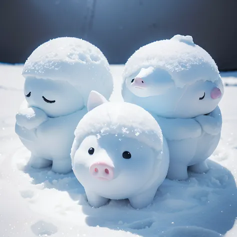 Ice and snow carved pigs，comic book illustration