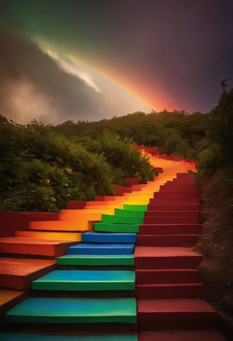 Close-up of the stairs leading to the rainbow sky, stairway to heaven, A very colorful heaven, stairs from hell to heaven, Leading to the Sky, Rainbow clouds, Colors of Heaven, Rainbow Trail, Colorful sky, Rainbow clouds, Heaven!!!!!!!!, rainbow, Rainbow c...