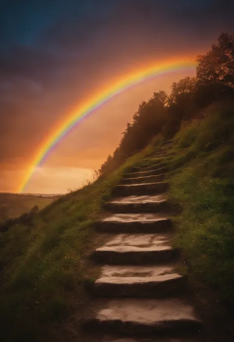 Close-up of the stairs leading to the rainbow sky, stairway to heaven, A very colorful heaven, stairs from hell to heaven, Leading to the Sky, Rainbow clouds, Colors of Heaven, Rainbow Trail, Colorful sky, Rainbow clouds, Heaven!!!!!!!!, rainbow, Rainbow c...