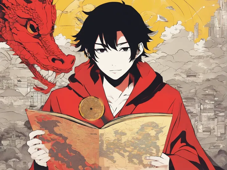 The cover is neat and minimalist, with a yellow background and a small dragon in the center. It is wearing a red coat and holding a map in its hand.