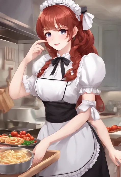 Masterpiece,(Best quality, illustration,Detailed face:1.3),(1girll,Solo:1.3),Beautiful detailed eyes,  aprons, Gradient_Background, Gradient, maid, Purple eyes,Red hair,Small breasts,, Break, teens girl, White_aprons, black_dress, pony tails, black_Footwea...