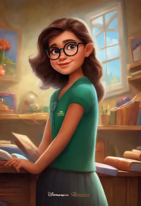 (Disney Pixar movie poster), a girls wearing glasses at school by title "Metamorfosis" with credits