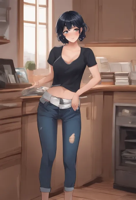 Best quality, 1girll, ((view the viewer)), Dark blue hair, Black eyes, Very short hair, pointy hair, ahoge, T-shirt, high waisted jeans, 171cm, Messy hair, hair between eye, Medium breasts, Large breasts, plump, Dark skin, Tomboyish, Adult, 20 years old, 1...