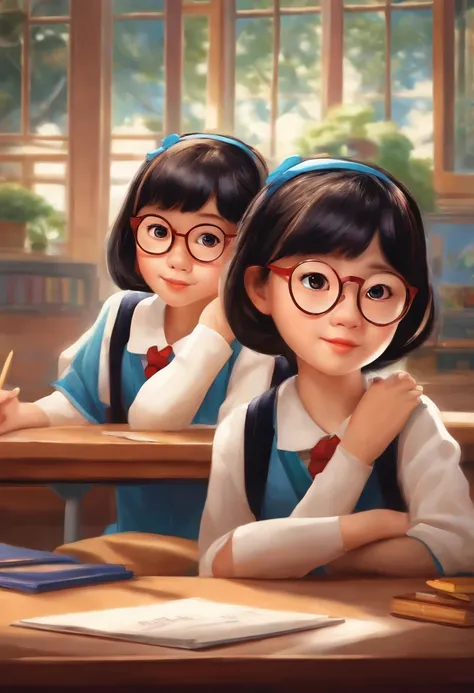 (Disney Pixar movie poster style), a japanese girls wearing glasses at school by title "Metamorfosis"