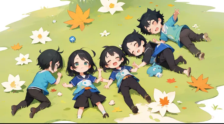 There were five children lying together on the grass, official fanart, High-quality fanart, 🍁 Cute, official fan art, author：Shitao, Kawasi, by Yang J, Guviz-style artwork, cute artwork, By Ni Duan, By Ni Tian, Fanart ", Detailed fanart, Pisif, lovely art ...