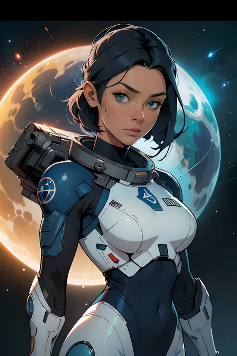 ((uma mulher com cabelos ruivos, pele azul natural)), vestindo um terno futurista, corpo inteiro, Traje Blindado Astronauta Menina, Anime Space Cadet Girl, Wojtek FUS, Epic science fiction character art, Epic Sci-Fi Character Art, arte conceitual digital d...